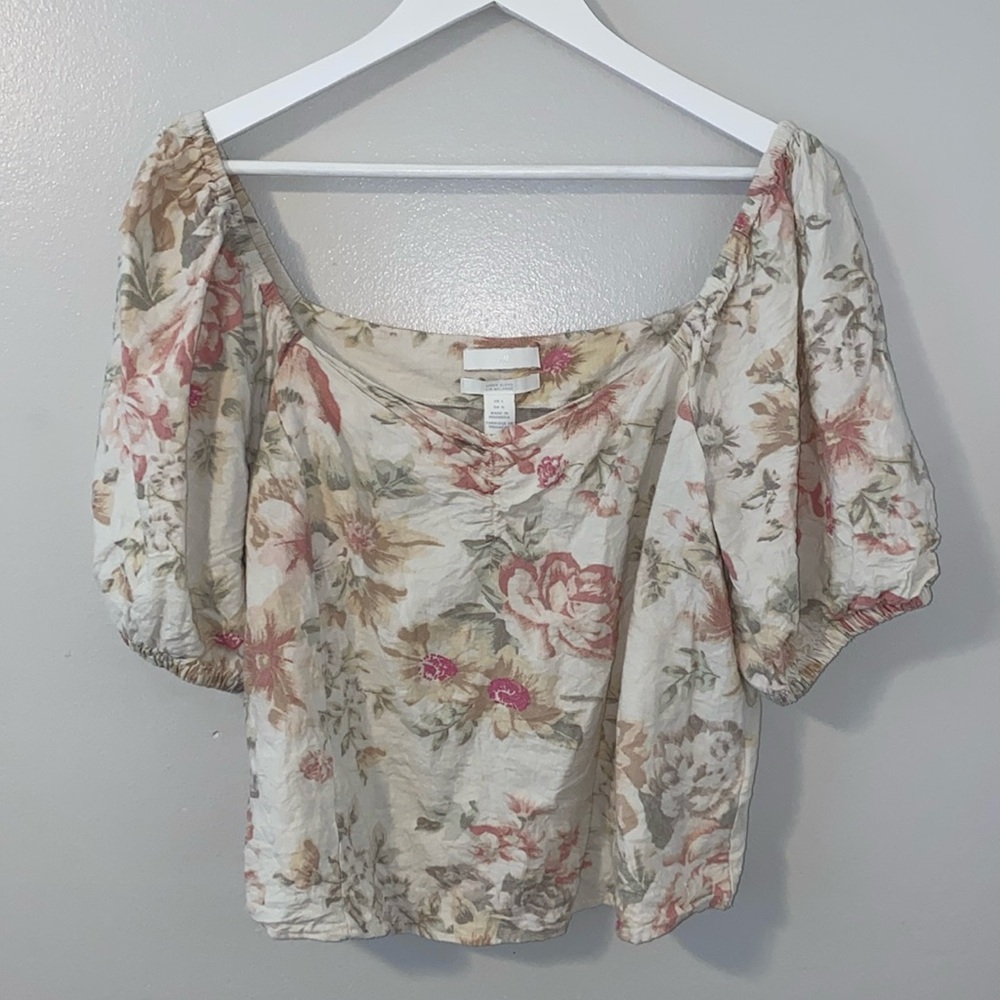 H&M Linen Blend Floral Print Sweetheart Top